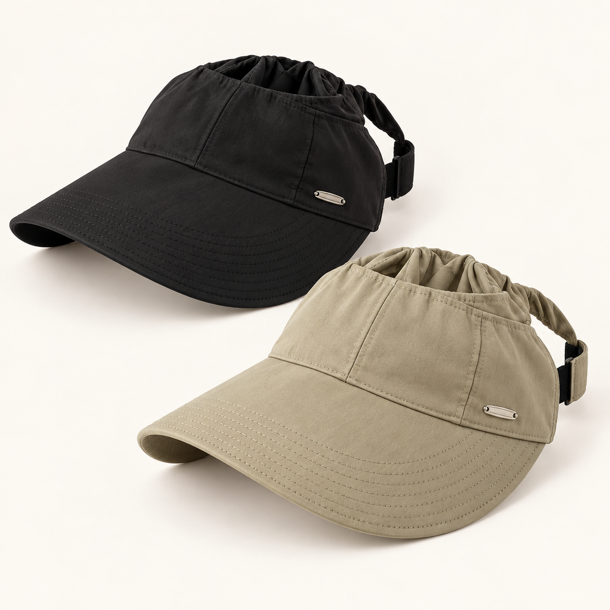 Two-pack of black and khaki ruched open-top sun visors