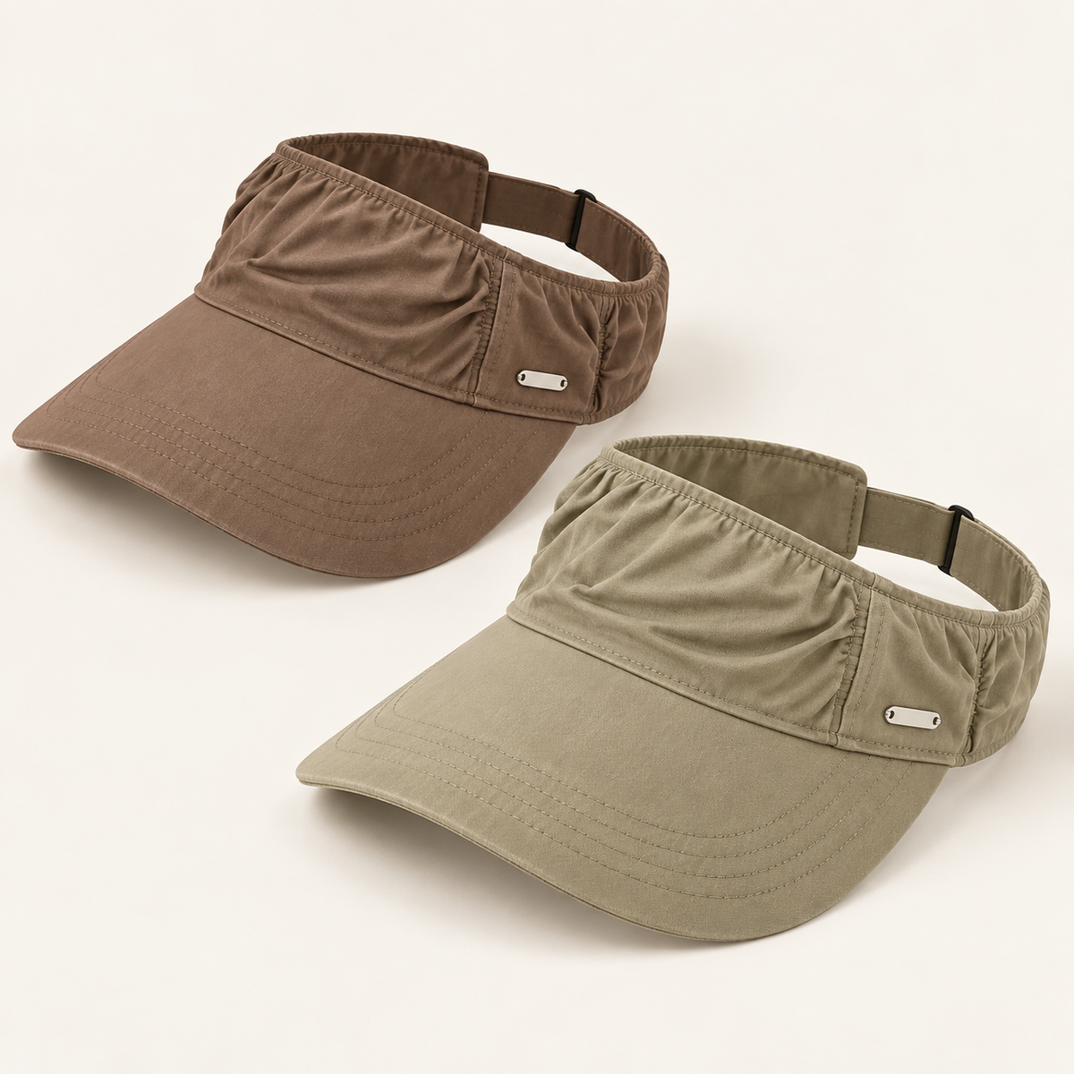 Two-pack of brown and khaki ruched open-top sun visors