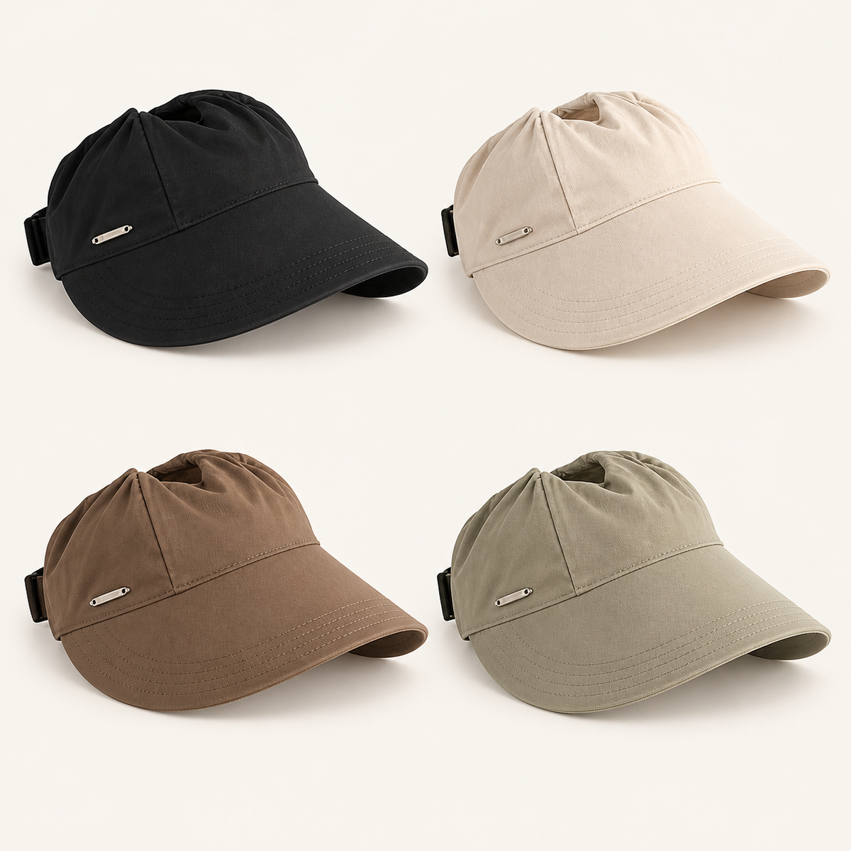 Four-pack of black, beige, brown, and khaki ruched open-top sun visors