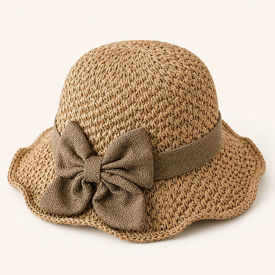 Beige ruffled bow woven hat