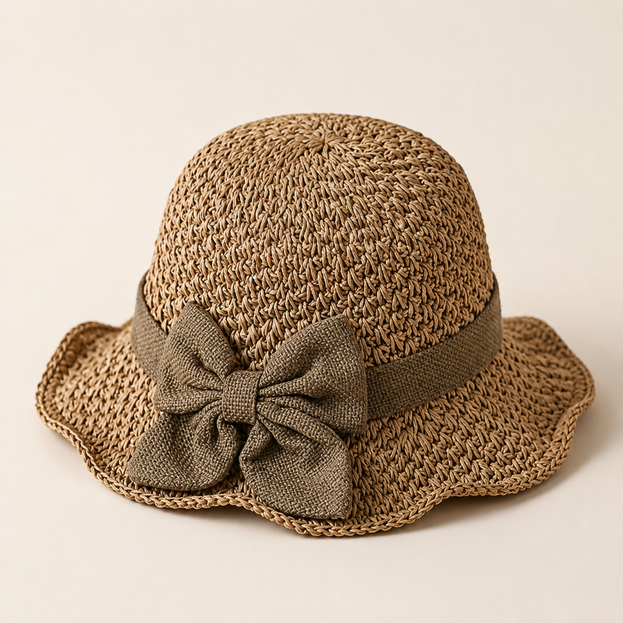 Light brown ruffled bow woven hat