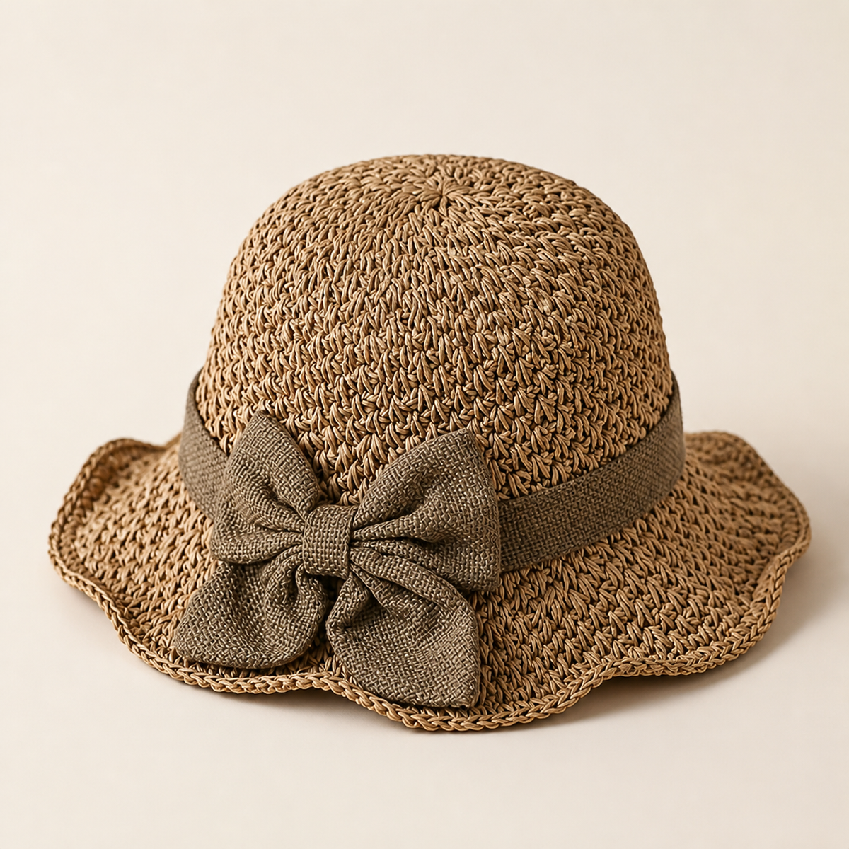 Light brown ruffled bow woven hat