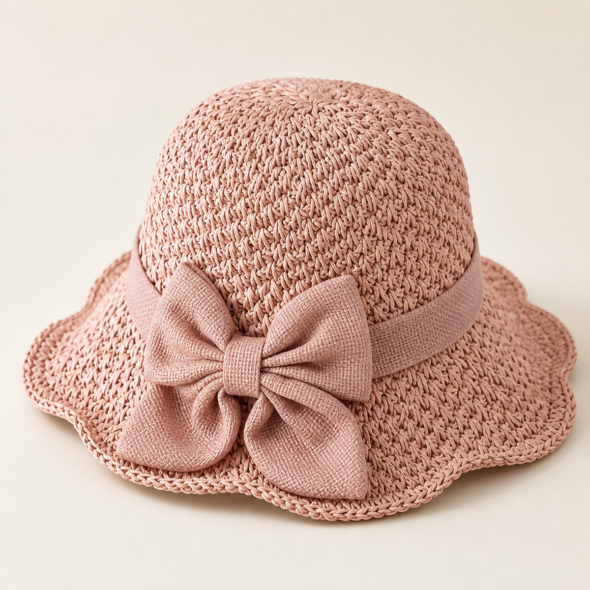 Pink ruffled bow woven hat