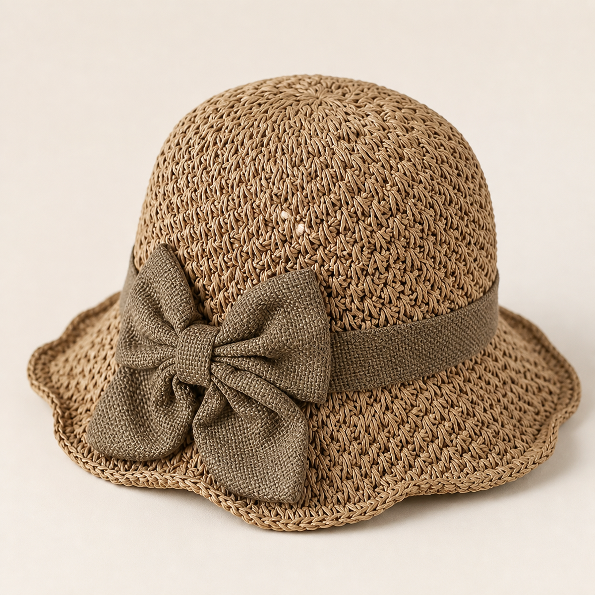 Ruffled bow woven hat from the side