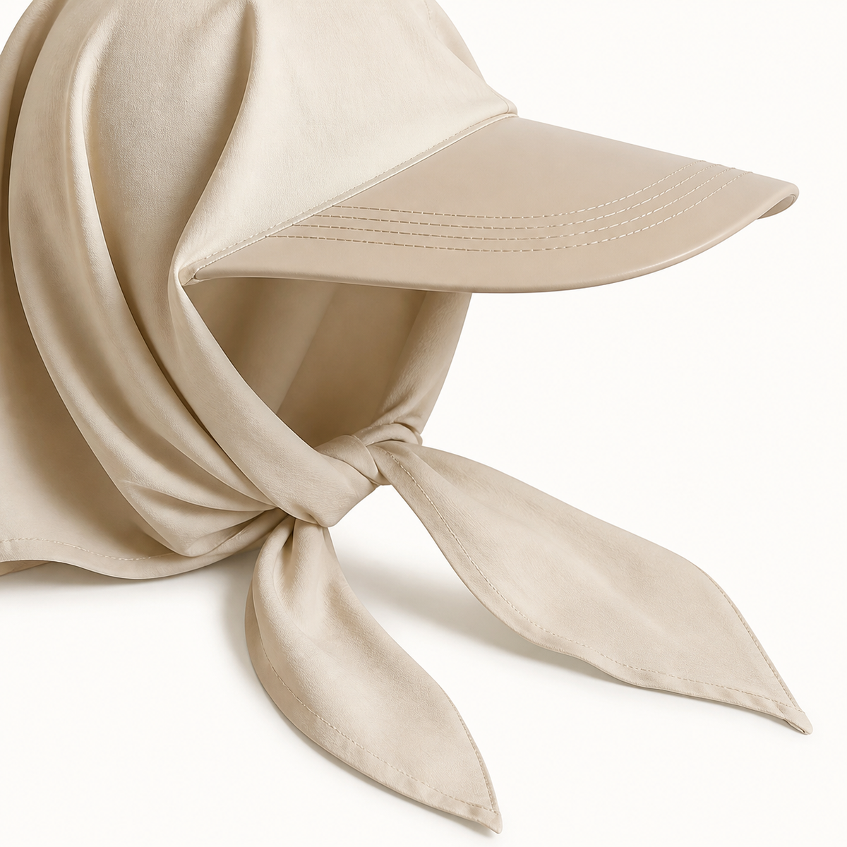 Close detail of brim stitching and scarf ties