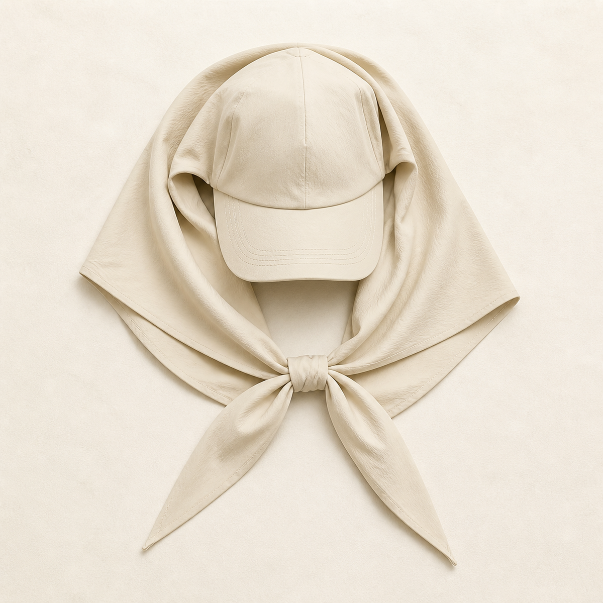 Ivory scarf baseball cap arranged flat