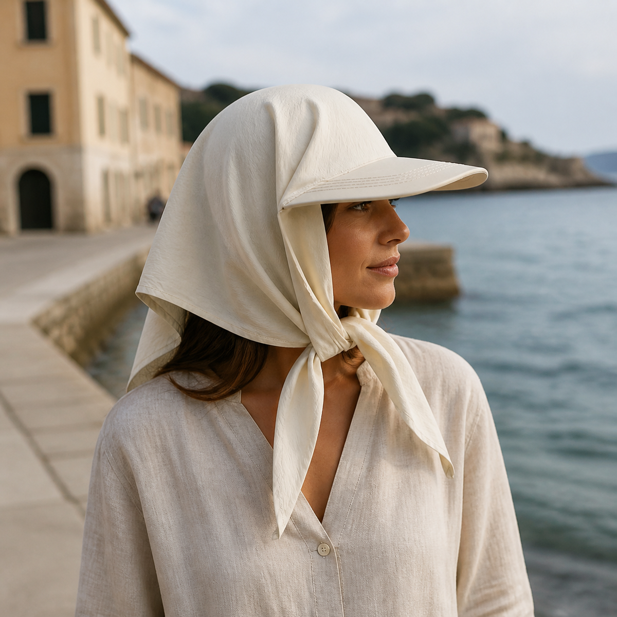 Ivory scarf baseball cap worn by the coast