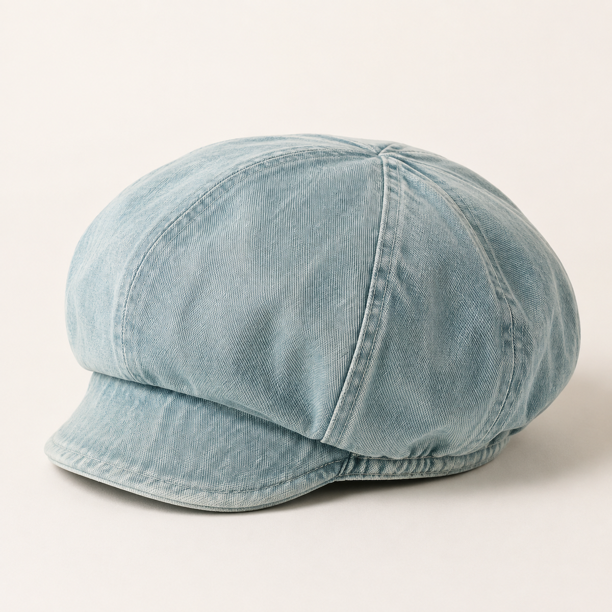 Close detail of vintage washed beret panels and short peak