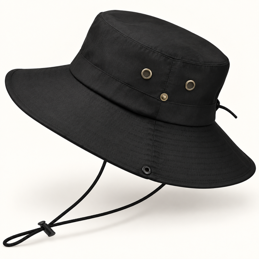 Black wide-brim boonie hat with chin cord