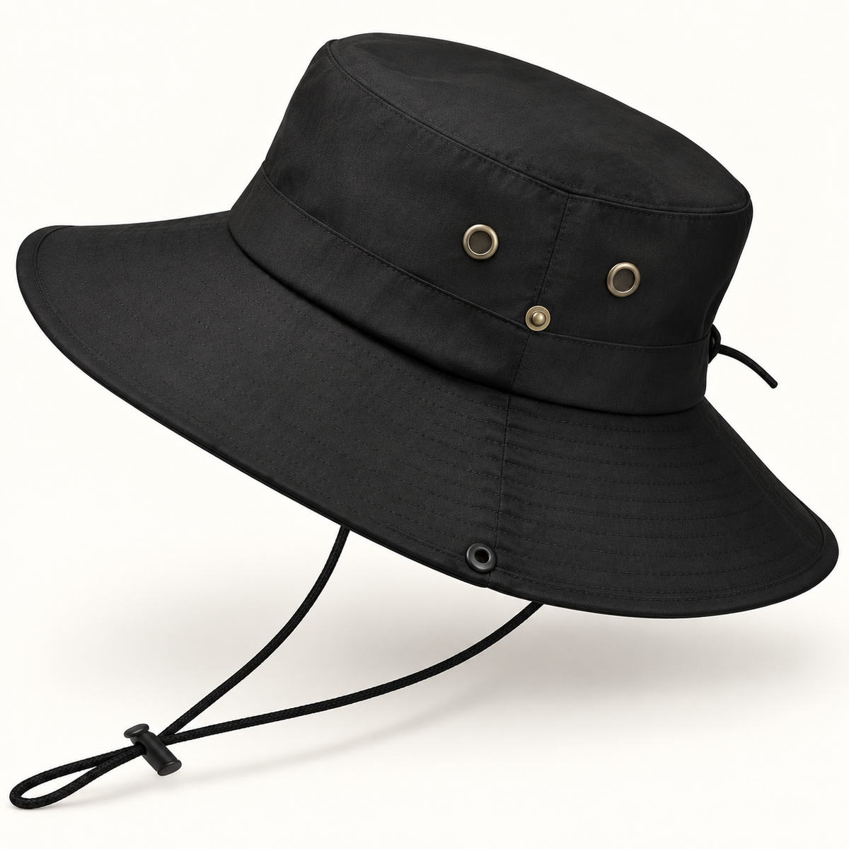 Black wide-brim boonie hat with chin cord