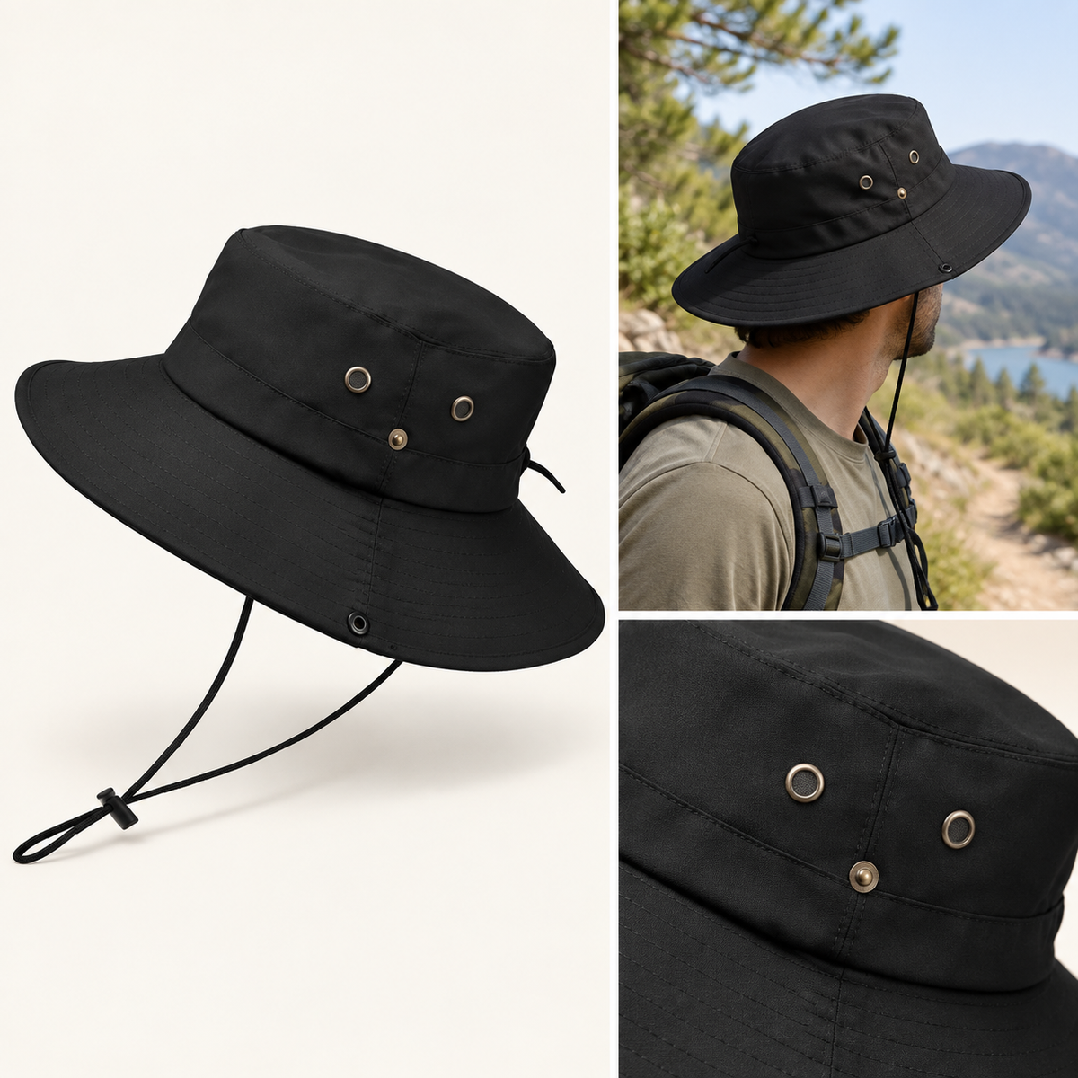 Black wide-brim boonie hat feature overview