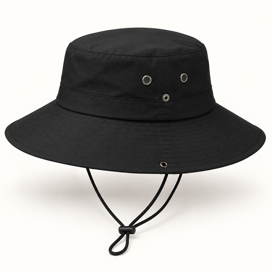 Front view of black wide-brim boonie hat