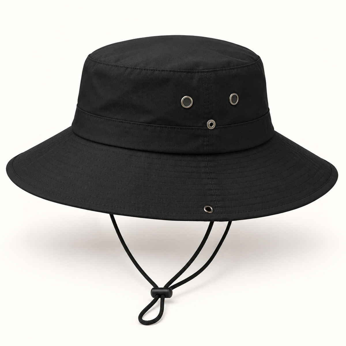 Front view of black wide-brim boonie hat