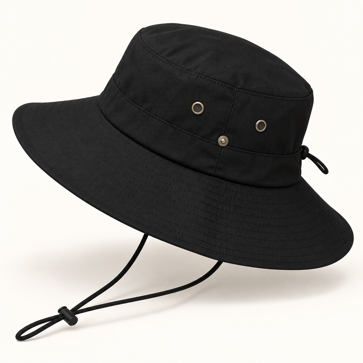 Rear view of black wide-brim boonie hat
