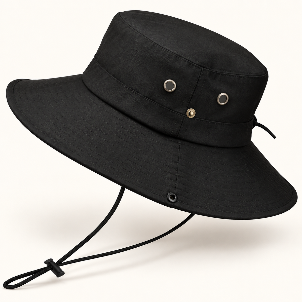 Side view of black wide-brim boonie hat