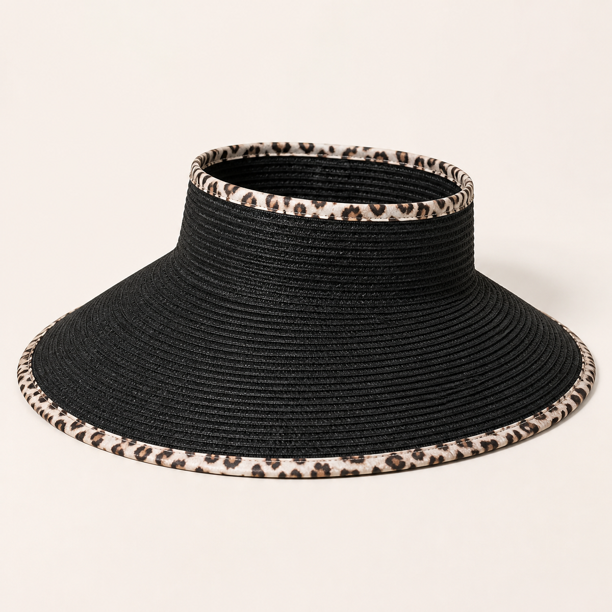 Black wide-brim open-top visor with leopard trim