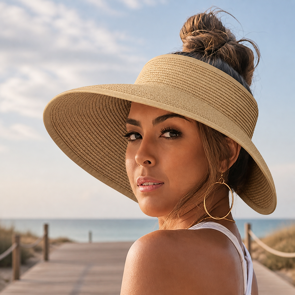 Khaki wide-brim open-top visor worn at the beach