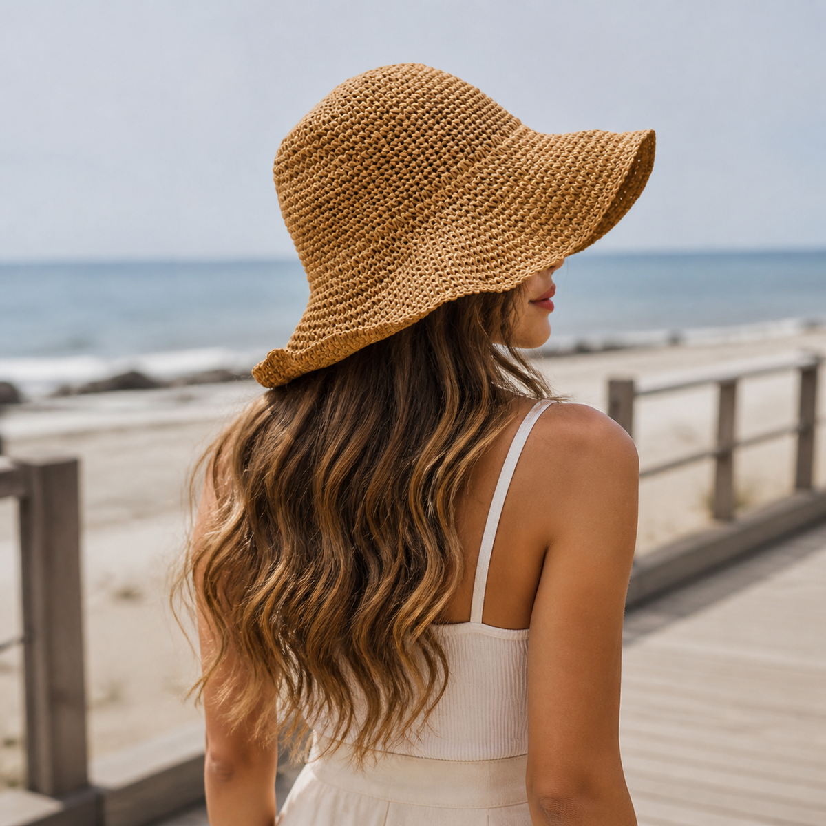 Woven floppy hat worn by the coast